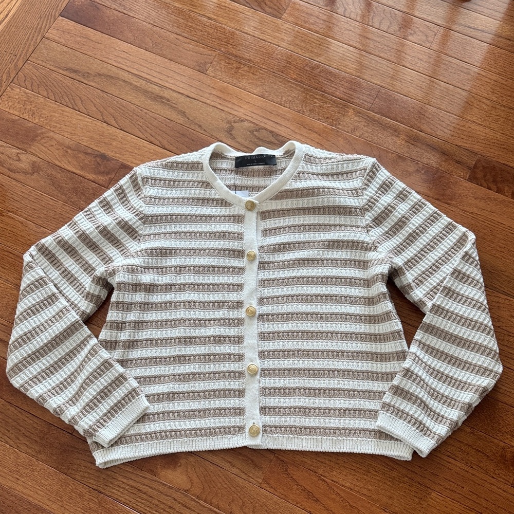 Primark Cream and Brown Striped Cardigan size large